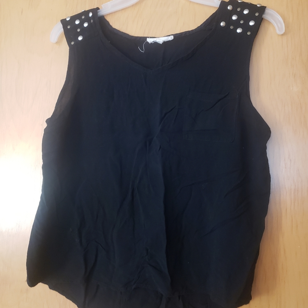 Black tank top with rhinestone shoulder accents